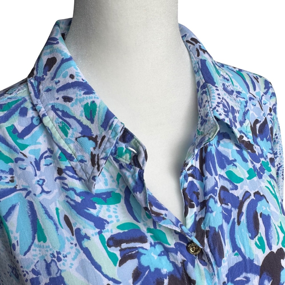Lilly Pulitzer Floral Button Down Sz L Blue Green Resort Wear Vacation Coastal - Picture 5 of 16